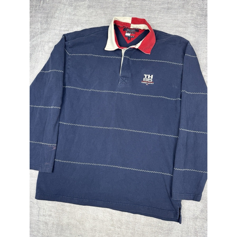 Tommy Hilfiger Shirt Mens Large Blue Polo Striped Rugby Vintage Y2K Long Sleeve‎